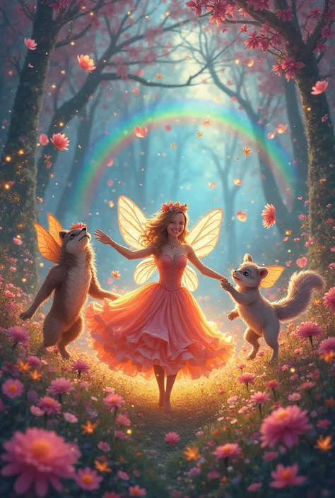 A grand celebration in the magical flower kingdom, where fairies, animals, and glowing fireflies dance around a beautiful flower princess. The sky is filled with floating petals, and a rainbow shines in the background."

These prompts will help create vibr...