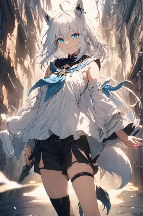 masterpiece, Best Quality, Anime, Highly detailed face, Highly detailed eyes, Highly detailed background, Perfect Lighting, fubuki_base, white blouse, detached sleeves, black shorts, blue neckerchief, thigh strap, single thighhigh, white hair, single side ...