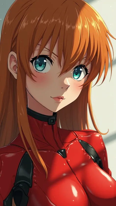 "Ultra-realistic 3D rendered portrait of Asuka Langley Soryu from Neon Genesis Evangelion, upper-body three-quarter view facing slightly left, hyper-detailed facial features with realistic skin texture including pores and subtle blemishes, striking aqua-bl...
