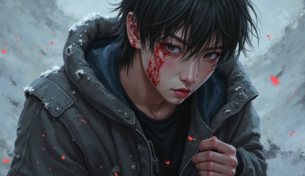 in the center of the image.
injured , holds on to side ( blood on clothes, fingers).
cold, a hardy gaze, reflecting strength and determination.
Dressed in a dark jacket and a black t-shirt.