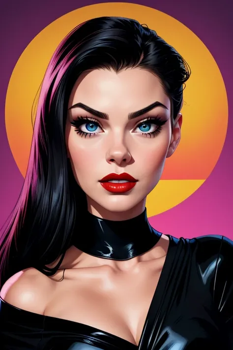 A portrait of a beautiful female whose facial features are a combo of Aria Giovanni + Grace Phipps + Nicole Maines. The female's hair is untied and hangs loose. The female wears a black dress and black high-heeled shoes. The female has lovely makeup on her...