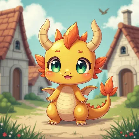 Chibi anime golden European dragon, 4 horns, transparent emerald eyes, walking on 2 legs, bewildered face, so cute than