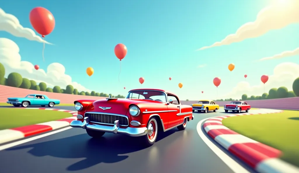   spawn and drive a red classic car on the racetrack,  cross the finish line on a very beautiful day, sunshine and clouds in the sky .   Nine other classic cars of different colors ,  Driven by others. There are balloons in the sky in the distance，lively v...