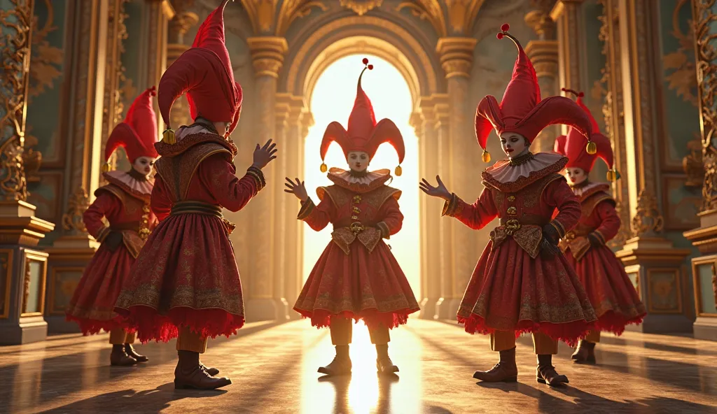 Clowns wearing medieval red clown hats force in golden morning palace