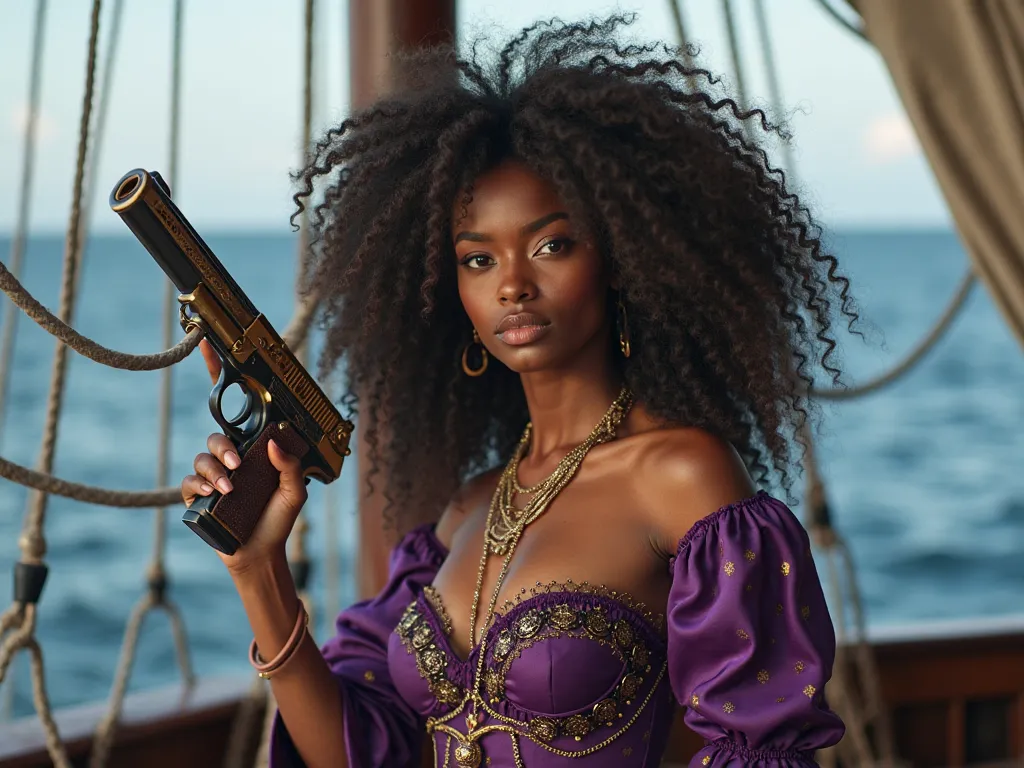 Beautiful afro woman with long hair, in one hand with steampunk gun with golden ornament. With purple ornaments on the clothes and steampunk accessory for head. She is on pirate  ship. Behind her is view of the sea. Steampunk realistic style. Photography.