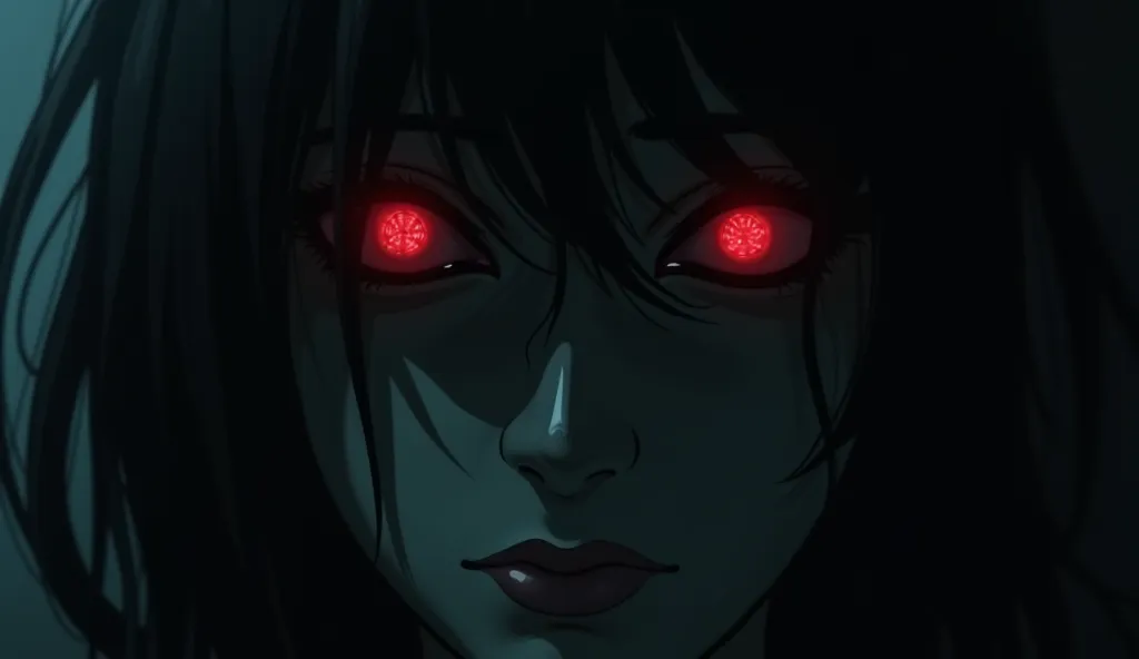 A close-up of the shadowy figure in the mirror, with glowing red eyes watching Laura.