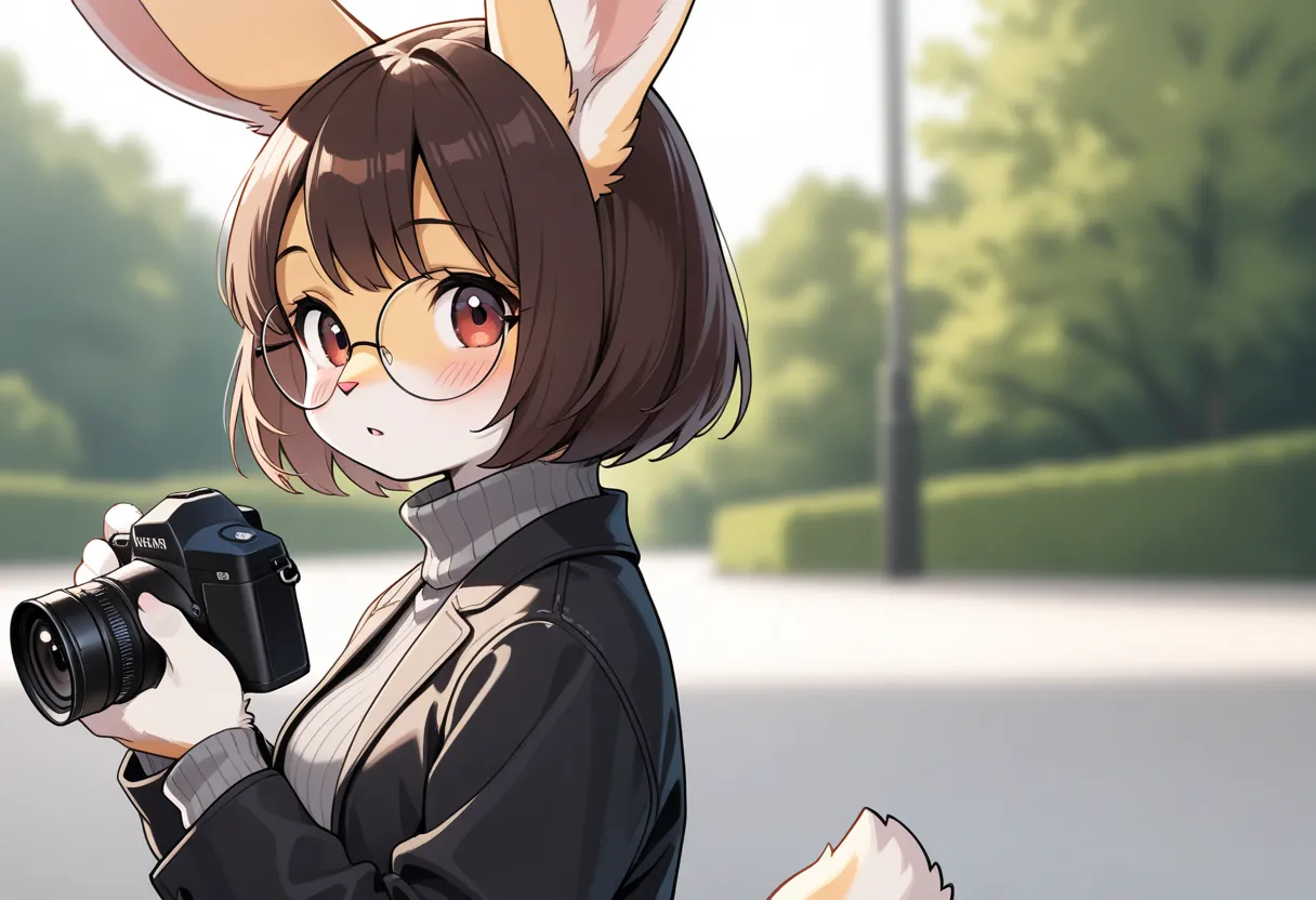 1girl, (furry, kemono:1.4), rabbit girl, animal nose, rabbit ears, solo, glasses, sweater, turtleneck sweater, turtleneck, short hair, holding, blurry background, parted lips, brown hair, blurry, jacket, camera, upper body, round eyewear, long sleeves, hol...