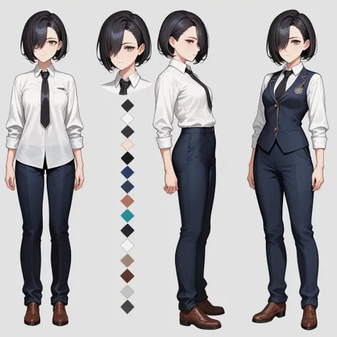 (pale skin),  1girl ,Age 19, necktie, shirt, white shirt, black necktie, long sleeves, collared shirt, vest, troubled face, Hair that is less voluminous, hair over one eye, hair over Half face,  ((slender on the background)),  ((SMALLE BREASTS)), underneat...