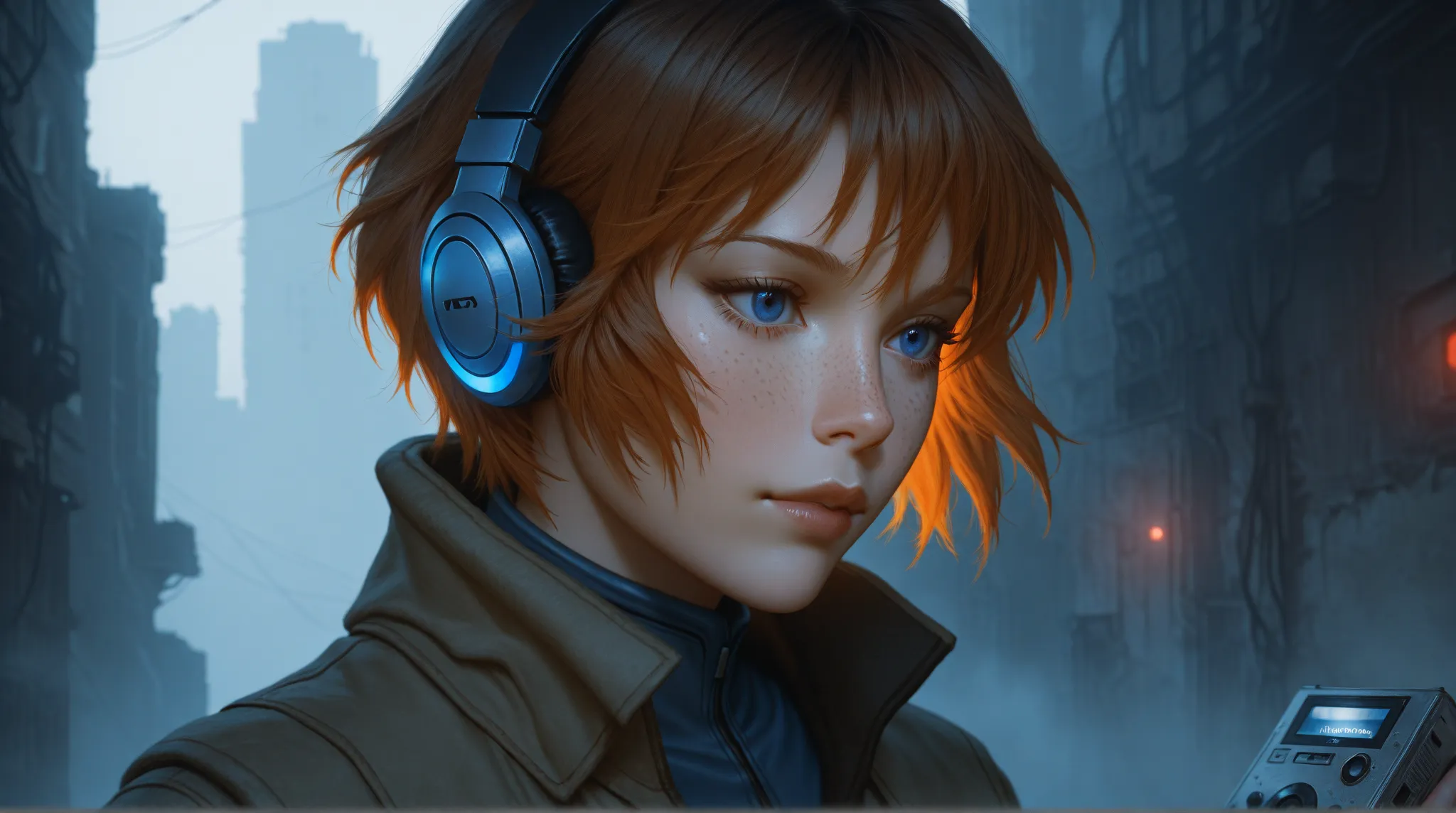 A stunning portrait of a woman with striking blue eyes listening to music with a set of futuristic custom inear headphones and a Sony Walkman cassette, dressed as an evangelion pilot in an abandoned futuristic city, soft natural lighting, intricate skin de...