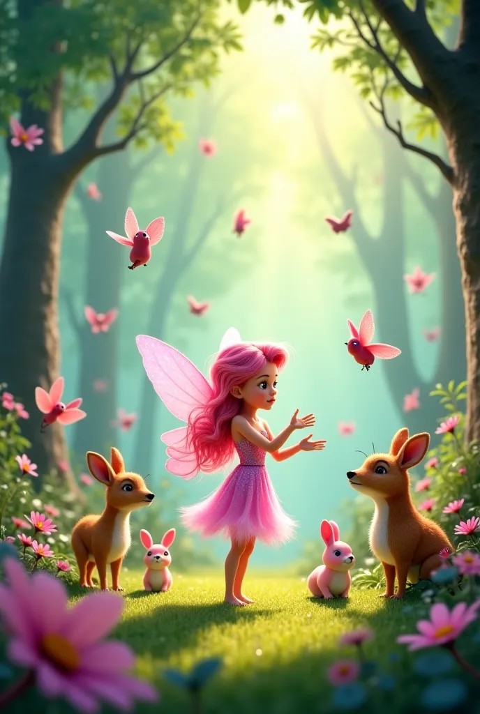 Pink fairy talking all animals and animal dancing around the fairy in beautyfull forest animated image