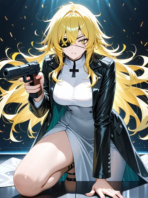 Masterpiece, best quality, one girl, faded yellow hair, messy hair, long hair, wearing an eye patch on the left, cross sign on eye patch, White dress, sleveeless dress, black Jacket, adult female, large breast, pointing a gun