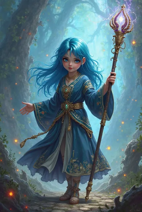 A short sorcerer girl with blue hair and a staff 