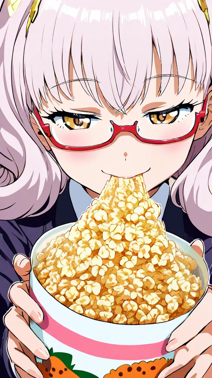 Uma Musume(biwa hayahide), wearing a under rim glasses,happy smile, eating a popcorns, delicious looking, clear, anime style illustration, beautiful detail, fain touch outline, best quality, top quality, ultra detailed, masterpiece, beautiful detail, perfe...