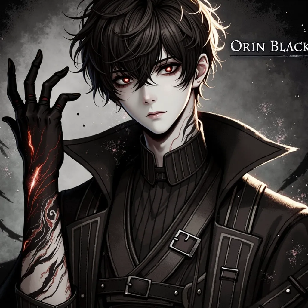 Create an image of Orin Black using this image as support:

History:
Orin Black - The Dark Wizard

Orin Black was born in a small village on the edge of a vast forest, where magic and mystery permeated the air. Son of a renowned blacksmith and a local heal...