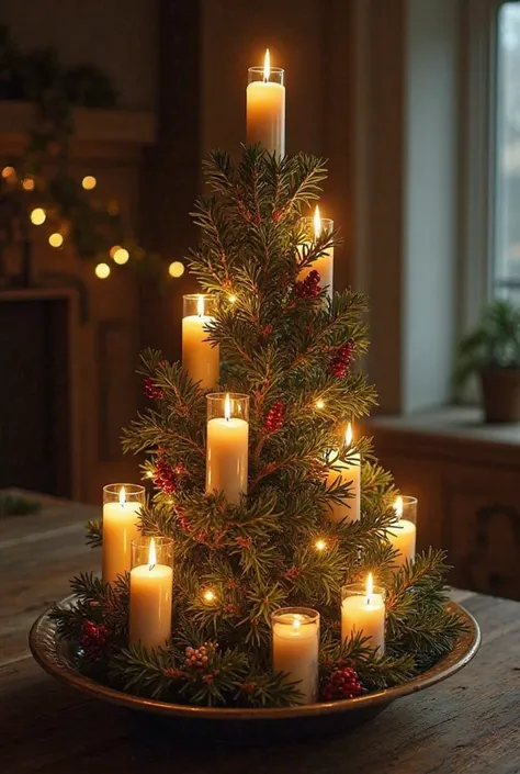 Video of Christmas pine made with candles of different sizes decorated with rosemary branches with an esoteric approach in a mystical environment. The video that is circular to see the pine tree from all angles.

