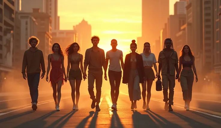 A cinematic digital painting of a diverse group of ung people walking down a wide, empty avenue at dusk, with an epic and powerful atmosphere. They move forward with determination, their faces illuminated by the golden glow of the setting sun. The city sky...