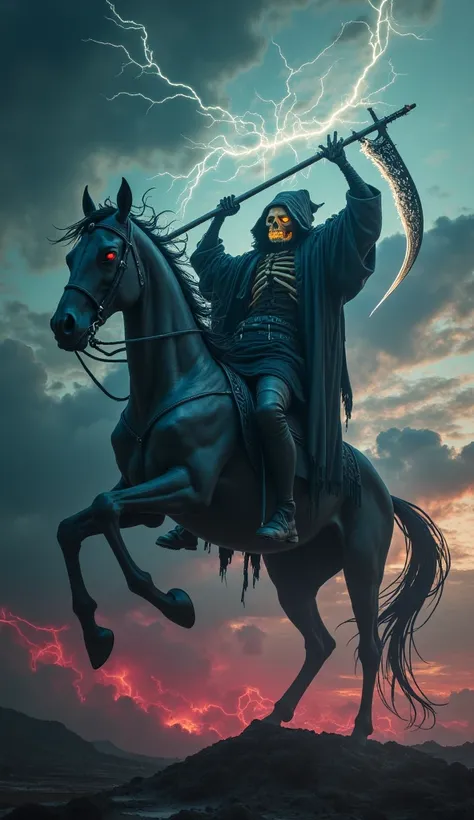 Death, Ripper holding a  lightning scythe, Riding a horse in the sky, wallpaper hd, ultra High Definition quality, 8k, 4k