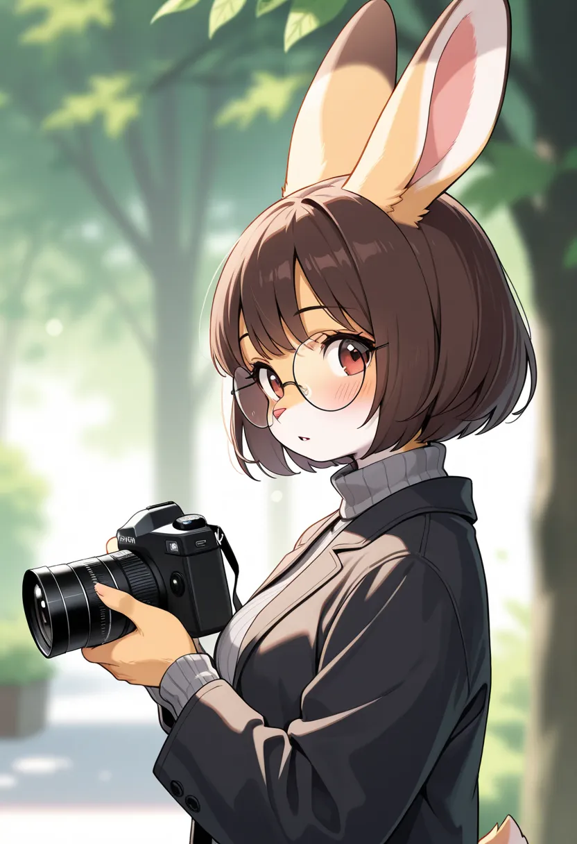 1girl, (furry, kemono:1.4), rabbit girl, animal nose, rabbit ears, solo, glasses, sweater, turtleneck sweater, turtleneck, short hair, holding, blurry background, parted lips, brown hair, blurry, jacket, camera, upper body, round eyewear, long sleeves, hol...