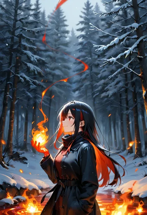 An anime woman stands in a snowy ground filled.  She wears a cool long black coat and has very beautiful red eyes. afterglow  trail. beautiful black hair with red inner color, and the melted ground turned into lava and splattered around, glowing extremely ...