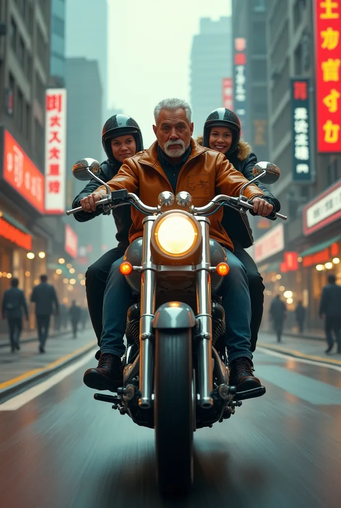 Three people riding a motorcycle 