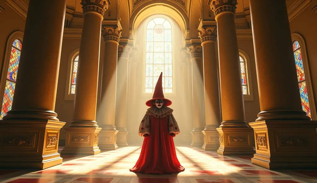 A clown wearing a mournful red clown hat is alone. Medieval Christianity is in the golden palace in the morning.