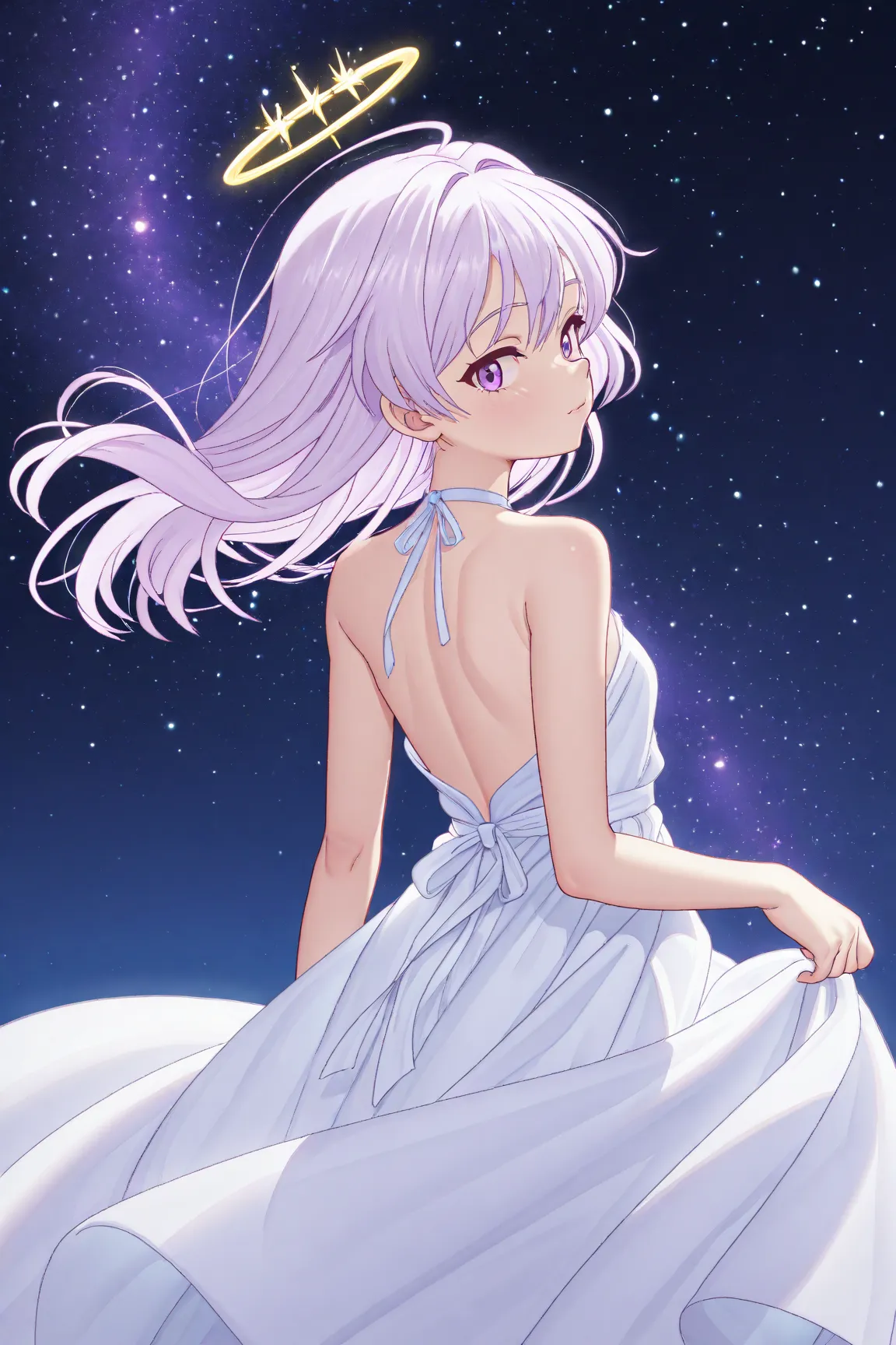 A dress with super long light purple hair and light purple eyes looking at the night sky starry sky with a relaxed, delicate body background