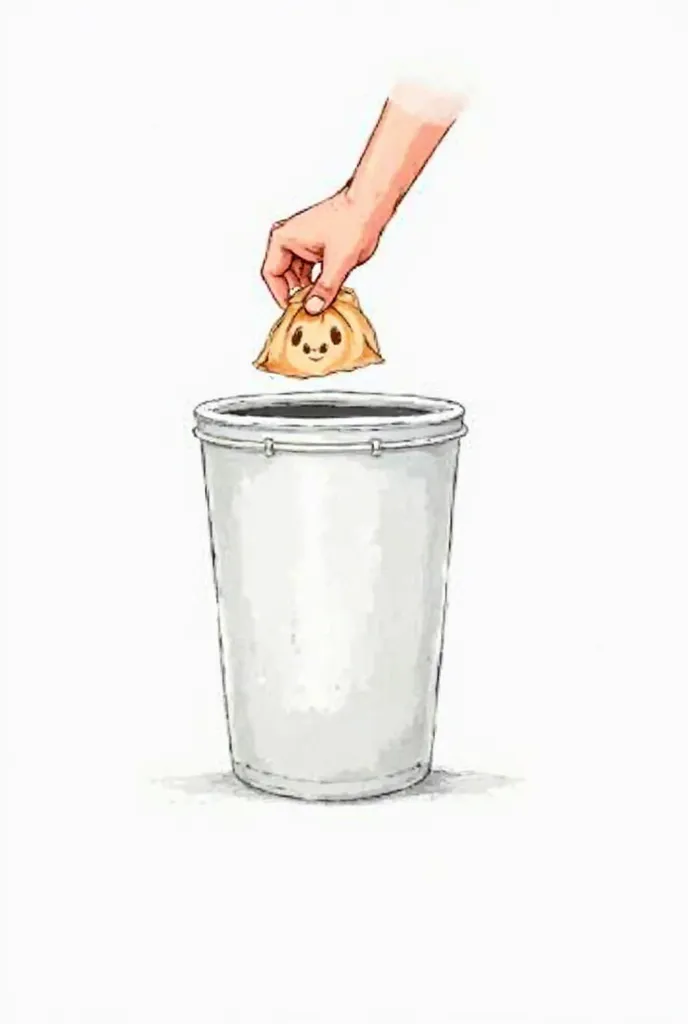 Gros plan sur le mouchoir, A 's hand throws a brown tissue into a big white trash can ,  High Resolution , watercolor cartoon style, fond blanc 
 High Resolution , ,  smile,