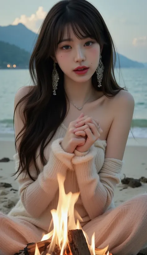 ((Sideways photo of her sitting and holding hands over a small bonfire、Picture staring at a bonfire、Twilight beauty、One-sided medium hair with bangs over the eyebrows and beautiful wavy black hair over one ear、slim and small buttocks、Poses that emphasize b...