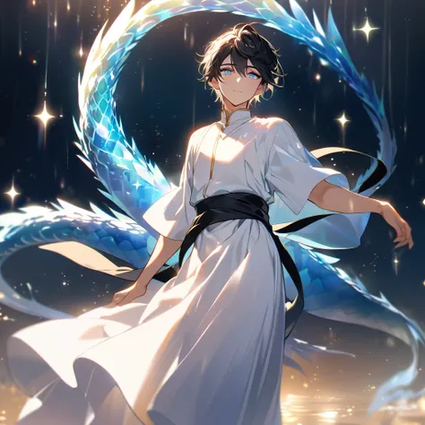 Handsome young man with black hair with beautiful iridescent sparkles
In the black eye there is a dragon tail.
Large black with iridescent sparkles at the waist. Wear a white student shirt dress.