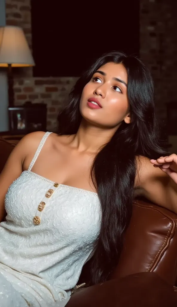 detailed photo, detailed face, Indian girl on leather couch, leaning back, wearing white embroidered strapless salwar kameez, strapless, bare shoulders, bar arms, bare neck, one sleeve slipped off shoulder, laying on sofa, lying sideways, night lamp backgr...