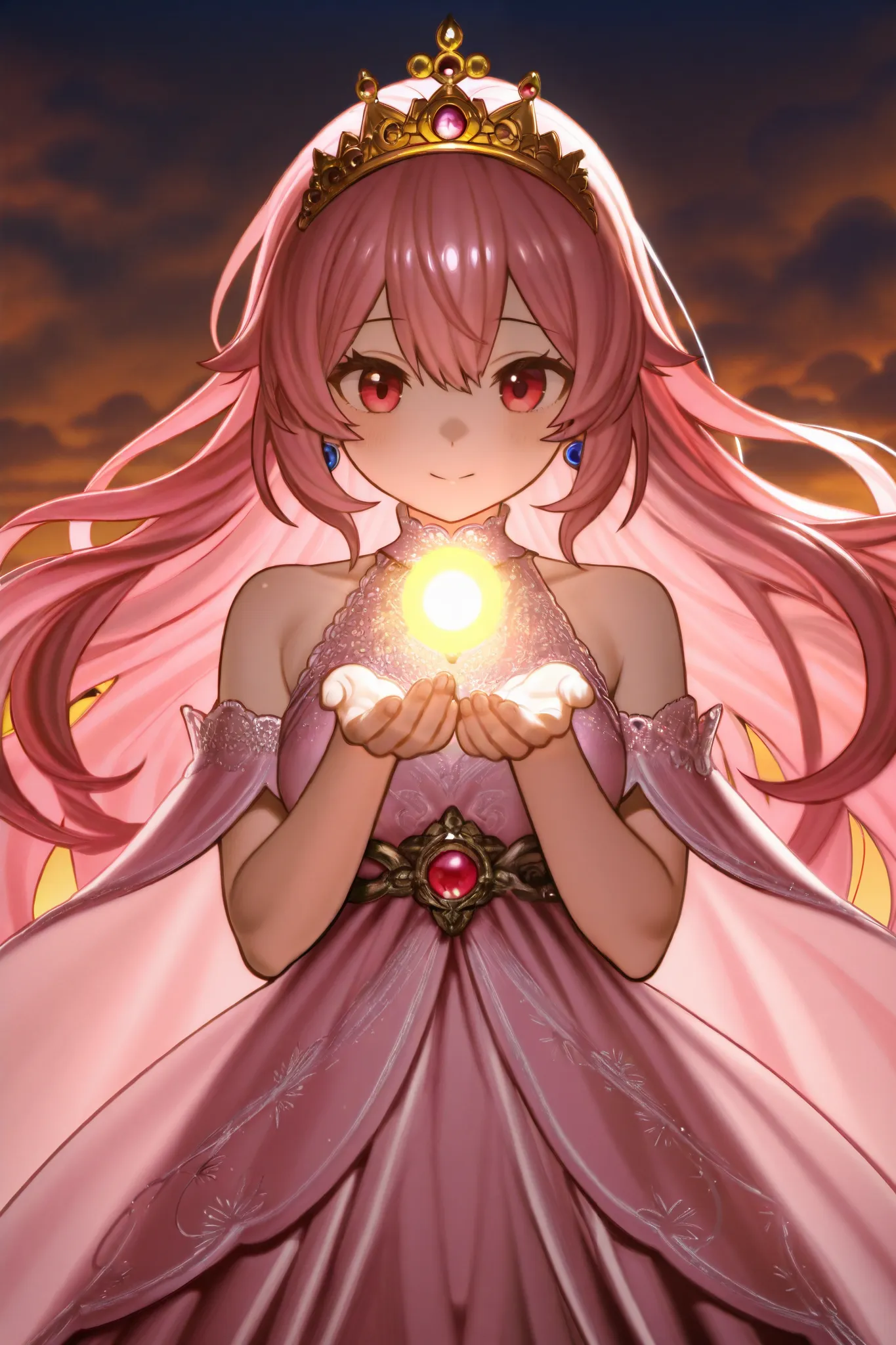 A princess with pink hair wearing a crown，Princess Lori in the sky，She was taken to heaven by a demon