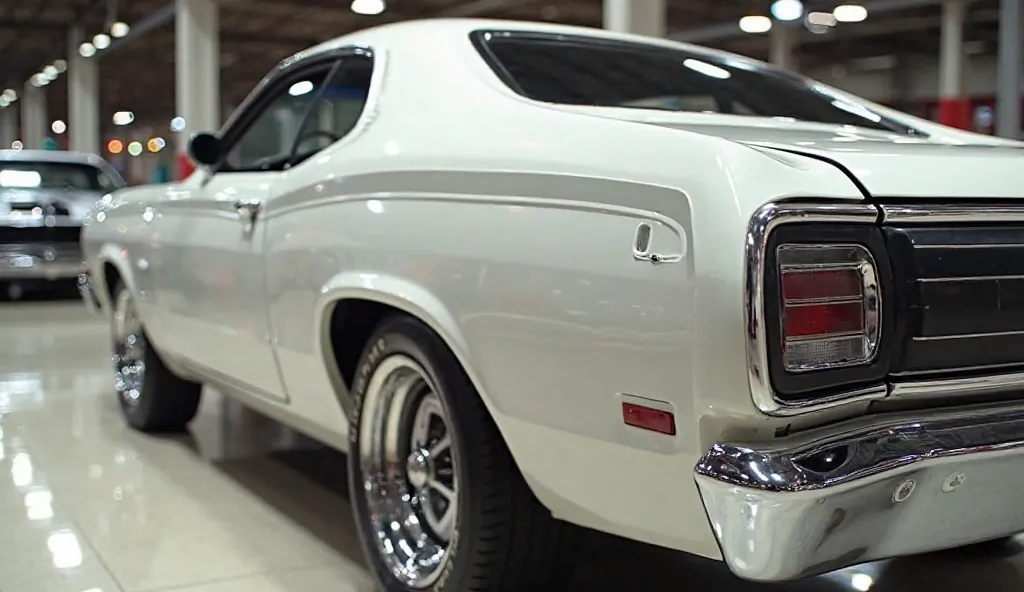 In showroom full close  Plymouth Duster white color exterior view 