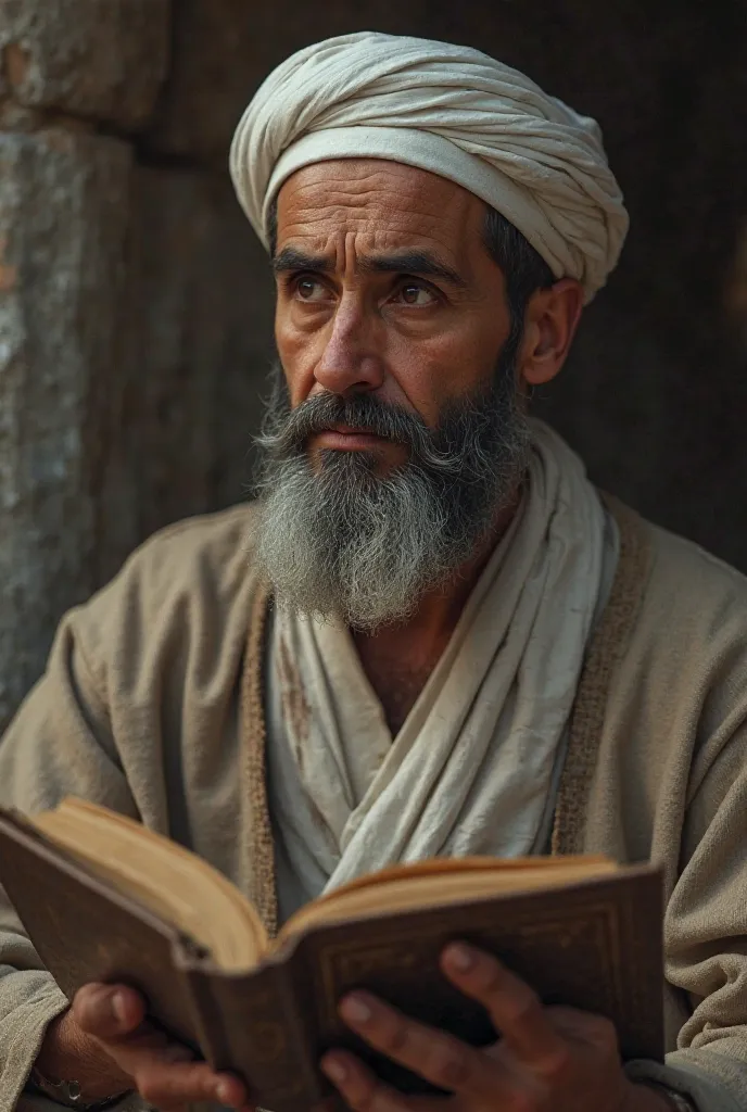 The pictures show a Muslim man deep thinking where he will find religious books