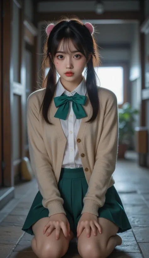 ( Cute  Girls ,  petite body,  brown eyes),  1 female, ( beautiful high school girl , Black hair with pink inner color hair,  elevated twin tails ,  asymmetrical bangs , mole under the eye:1.2,  small face,  beautiful skin,  surprised face,  open their mou...