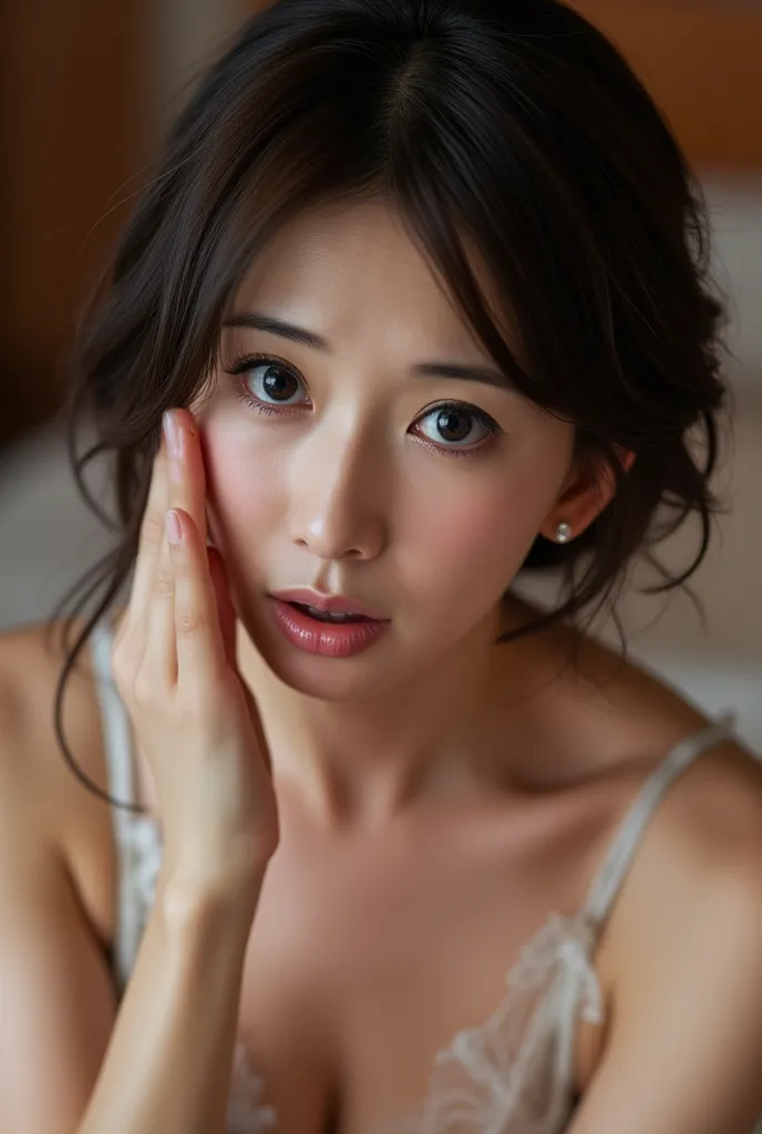 ( masterpiece, high quality, Hi-Res),   slim Japanese woman  , 40 years old,   The Grimace performance that made a woman orgasm , face, ( correct body anatomy , detailed faces, Millisen ), (terribly blushing: 1.4),  her groin hurts a lot ,  super face up l...