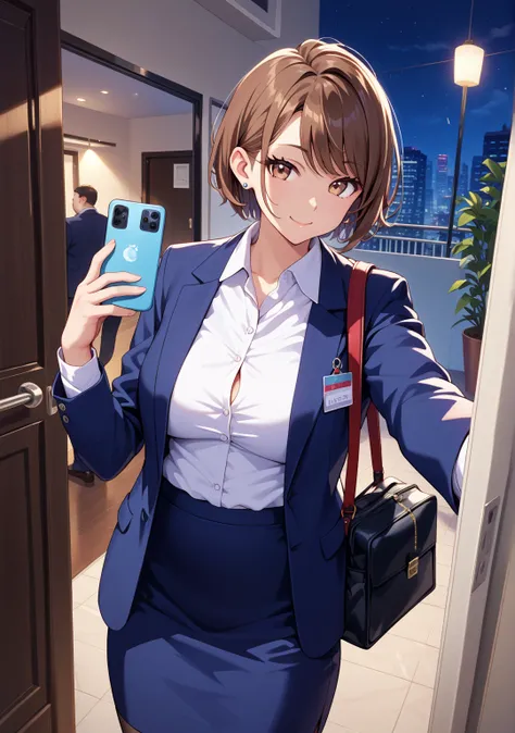 ,Selfie,nsfw,office lady,one girl,short hair,straight hair ,brown hair,brown eyes,swept bangs,white shirt, dark blue skirt, dark blue blazer,walk,bag,night, downtown,middle age man,fat man,Selfie