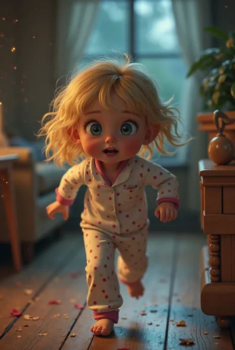  A little blond girl in pajamas with polka dots runs through the house in horror
