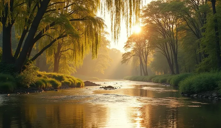 A peaceful riverside scene bathed in the gentle glow of soft sunlight. Tall trees line the riverbank, with their leaves glowing in the warm, golden light. The clear water flows calmly, reflecting the sky and the surrounding nature. The air is crisp and fre...