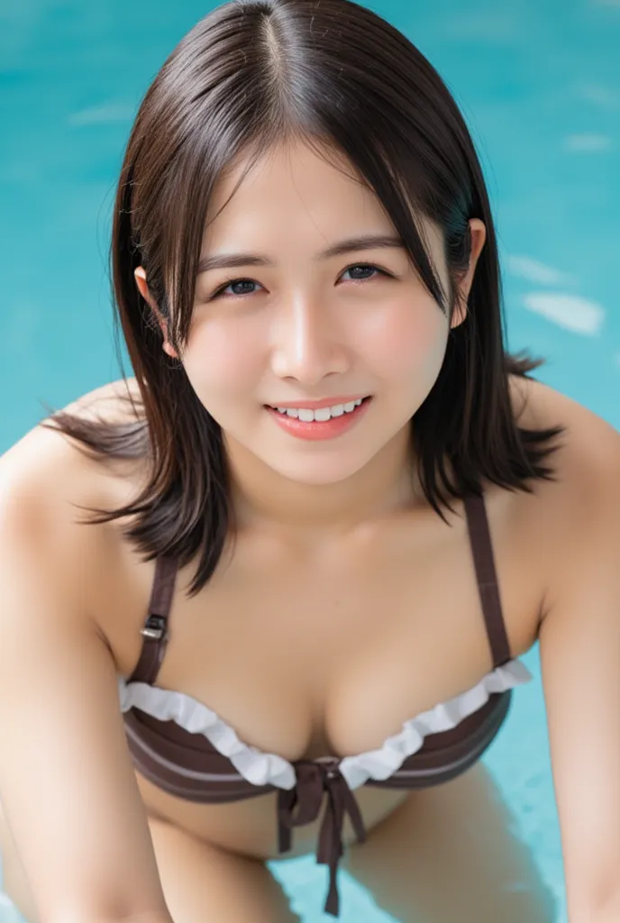 Photorealistic, 8k, soft diffused afternoon light, 1girl, Japanese, 163cm tall, slightly damp dark-brown hair, only wearing a dark-brown base with white thin horizontal-stripes snug-fit halter bikini, white ruffled trim along the top edges, knot at the cen...