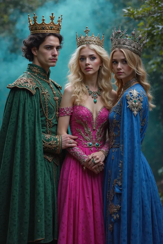 Three wicked young kings. A king in green clothes. In the middle, a blonde queen in a hot pink dress and another queen in blue clothing.. May they all wear a crown be together and in the background there is smoke of each other's colors . Let it be night an...