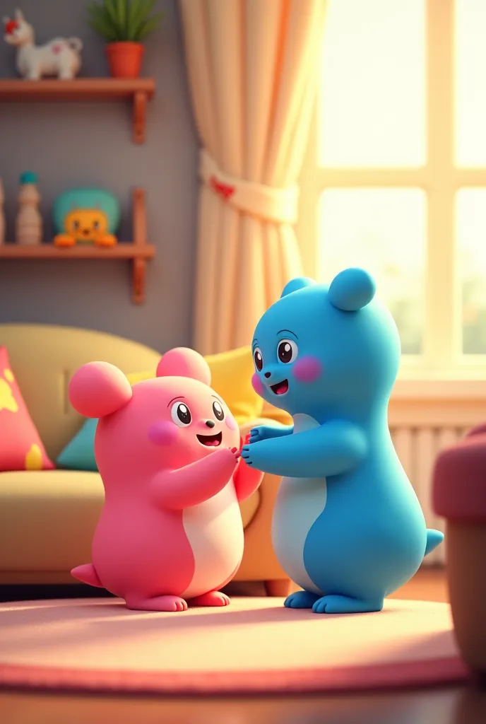 Cartoon of a cute pink bubu in the living room ,feeling happy and excited seeing her  blue handsome dudu boyfriend
