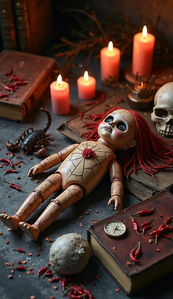 Voodoo doll lying down with pins stuck in the heart 4 candles in black light, a lot of dried red chillies all this inside a circle of salt, on a table with a skull, old books , hands with pins,  a scorpion  