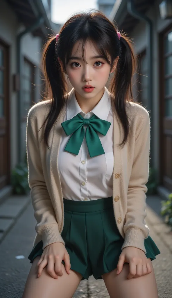 ( Cute  Girls ,  petite body,  brown eyes),  1 female, ( beautiful high school girl , Black hair with pink inner color hair,  elevated twin tails ,  asymmetrical bangs , mole under the eye:1.2,  small face,  beautiful skin,  surprised face,  open their mou...