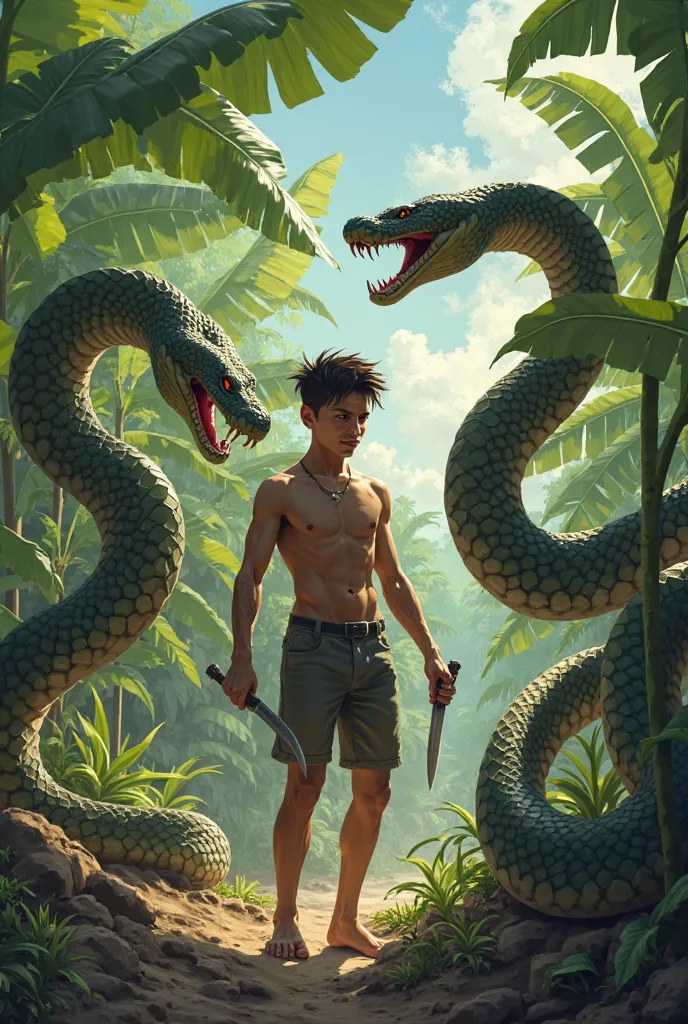 A young guy holding a knife with snakes around him in the banana plantation