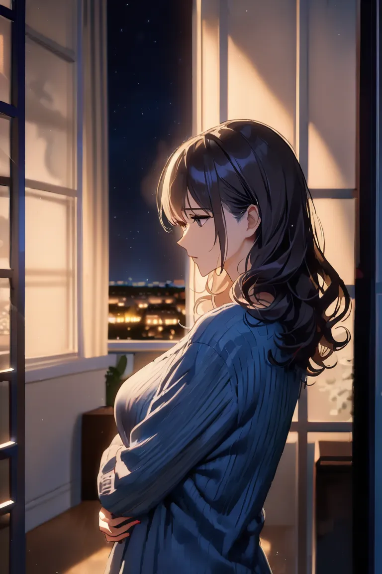 top quality, masterpiece, Hi-Res, 8k, (1 girl), Alone, sexy, (bust shot), (Married Woman in Casual Clothes), Black wavy hair, Mature Woman, (((expressionless))), living room, (((takes my gaze away))), (((looks down and hugs herself))), Beautiful breasts,  ...