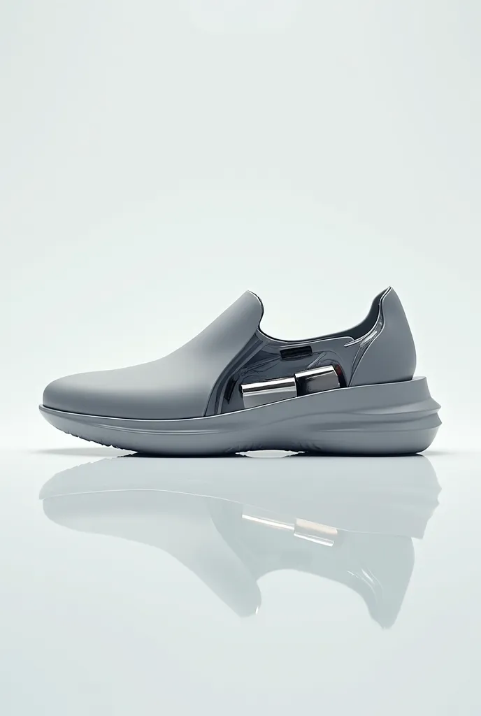 Inside of a grey slip-ons shoe with actuators that adjust the size of the whole shoe