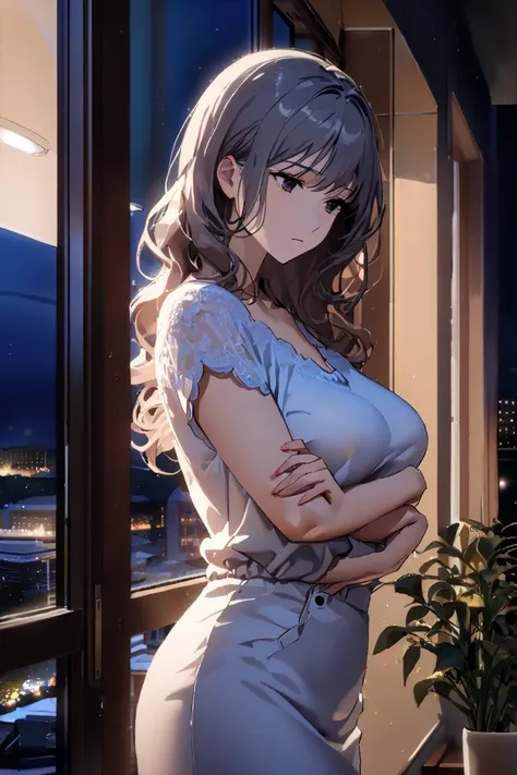 top quality, masterpiece, Hi-Res, 8k, (1 girl), Alone, sexy, (bust shot), (Married Woman in Casual Clothes), Black wavy hair, Mature Woman, (((expressionless))), living room, (((takes my gaze away))), (((looks down and hugs herself))), Beautiful breasts,  ...