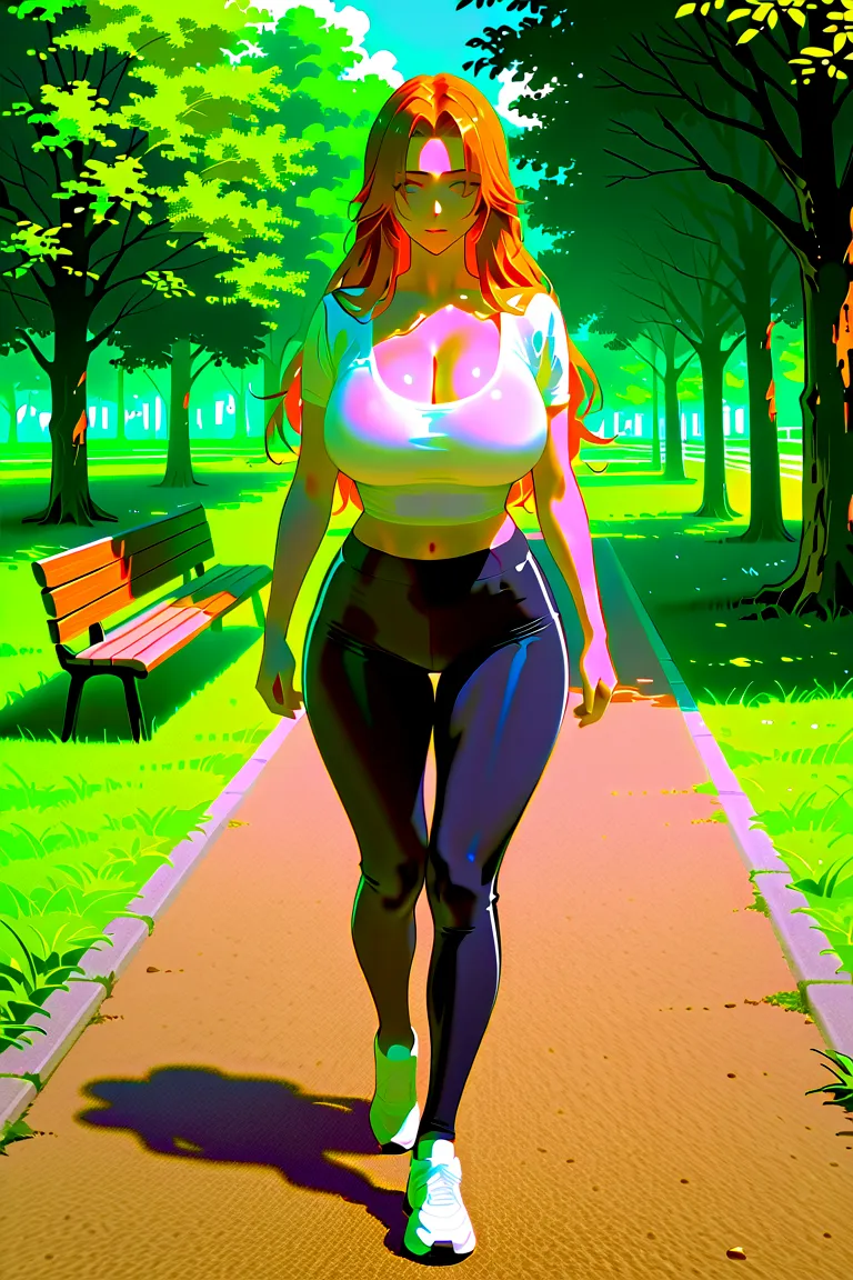 Rangiku Matsumoto, 1girl, solo, big breasts, cleavage, long hair, orange hair,Perfect eyes, gym clothes, outfit leggins tight and crop top pink,open neckline, hoari, masterpiece, high quality, ultra details, perfect body, nice body, curvy, highly detailed,...