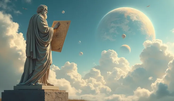 "A grand statue of a Greek philosopher with one hand resting on a blueprint of the universe, the other gesturing toward a golden celestial city rising beyond the clouds."