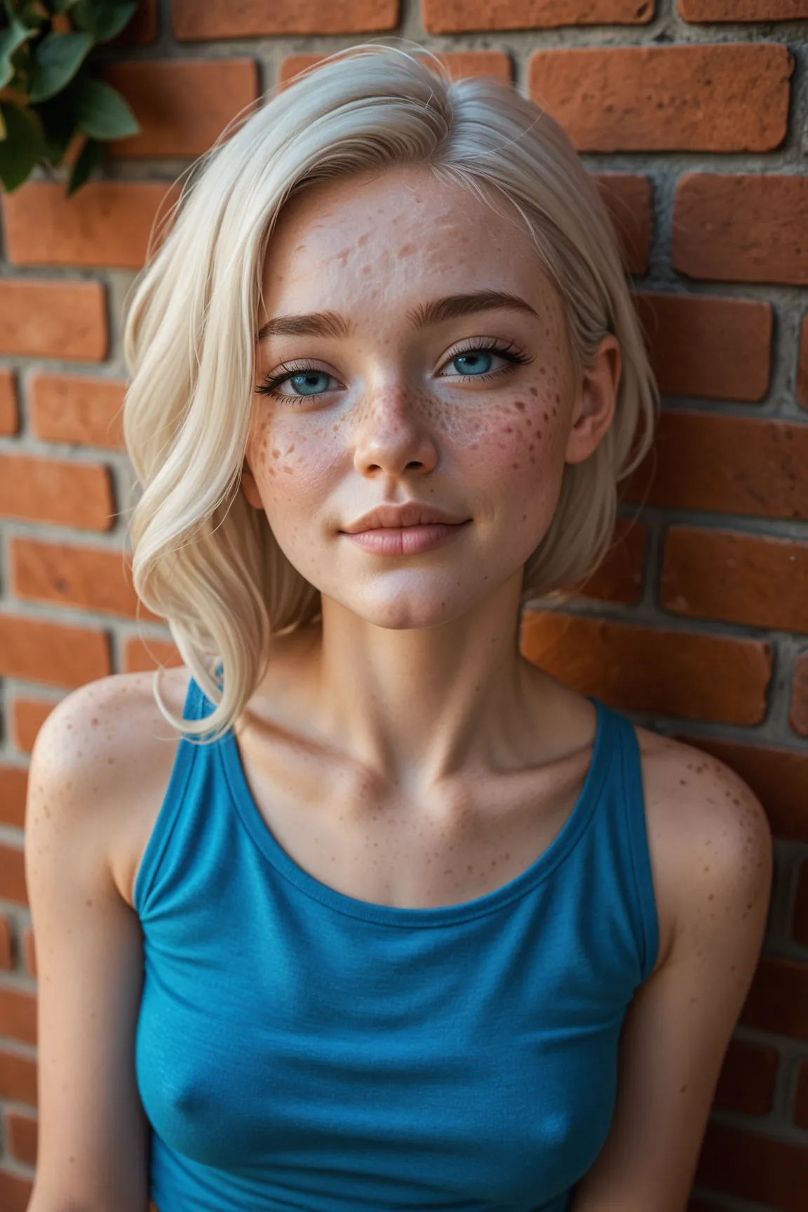 a  girl (petite, skinny, prominent freckles, cheek and chin dimples, short platinum blonde hair 1.4) (Her eyes are a captivating shade of light blue). orgasm face. Looking at viewer. Her head is against a brick wall, head tilted back. A brown Hispanic man ...